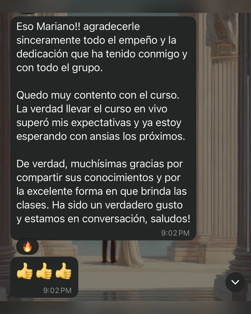 Mensaje de WhatsApp de un profesional formado en Riverius Academy